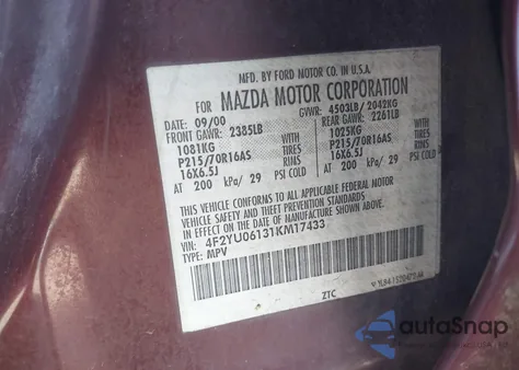 2001 Mazda Tribute Dx V6 from USA, damaged, VIN 4F2YU06131KM17433